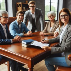 Une notaire présente un testament aux héritiers