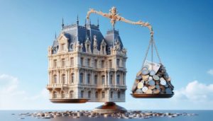 Illustration montrant une balance avec un immeuble d’un côté et des billets d’euro de l’autre, représentant le mécanisme du déficit foncier entre investissement et fiscalité.