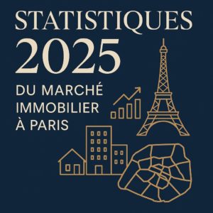 Illustration stylisée du marché immobilier parisien 2025 avec la Tour Eiffel, des immeubles, une carte de Paris et des graphiques, dans la charte ULYS Immobilier.