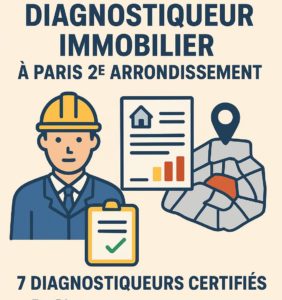 Illustration flat design d’un diagnostiqueur immobilier à Paris 2e avec une carte de l’arrondissement et la liste de 7 diagnostiqueurs certifiés