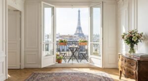 Intérieur d'un appartement haussmannien à Paris, avec une porte-fenêtre ouverte sur un balcon filant offrant une vue directe sur la tour Eiffel, illustrant la surcote immobilière liée aux extérieurs et aux vues exceptionnelles.