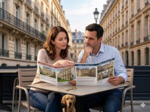 Couple en terrasse à Paris examinant une brochure immobilière comparative entre deux opportunités d'achat, avec une clé dorée sur la table, devant des immeubles haussmanniens.