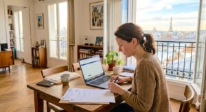 Femme dans un appartement haussmannien à Paris effectuant ses démarches administratives et fiscales sur ordinateur pour la mise en location de son bien immobilier.
