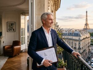 Un bailleur privé sur le balcon d'un appartement haussmannien à Paris. Il tient un dossier financier avec des graphiques et contemple la Tour Eiffel au coucher du soleil, illustrant l'investissement locatif sous le dispositif Jeanbrun.