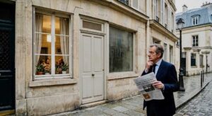 Homme en costume devant un immeuble parisien, tenant un avis d'imposition de la Ville de Paris avec une expression de désarroi et de préoccupation face à la hausse des taxes immobilières.