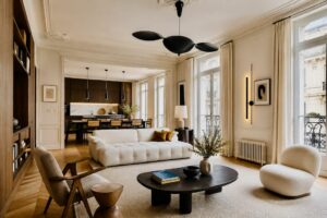 Appartement parisien lumineux au style contemporain avec moulures, parquet en point de Hongrie et mobilier design