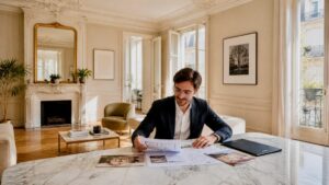 Salon lumineux d’un appartement parisien avec balcon et vue sur la Tour Eiffel, intérieur élégant prêt à la vente immobilière