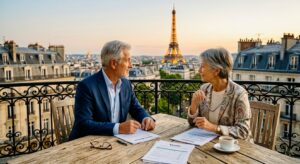 Couple de seniors élégants sur un balcon à Paris avec vue sur la Tour Eiffel, réfléchissant à la vente ou à la location de leurs biens immobiliers pour la retraite autour de documents immobiliers.
